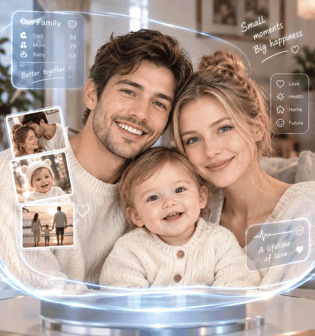 AI future baby example: young parents with their baby in a family portrait