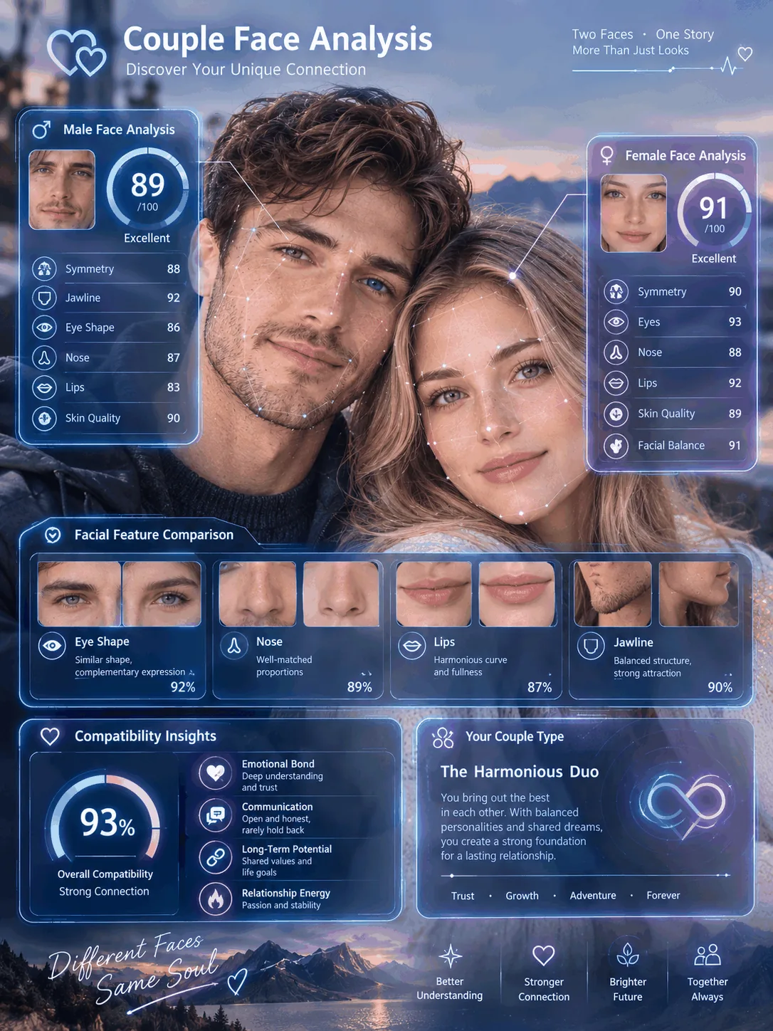 Couple face reading example: two portraits and relationship compatibility analysis