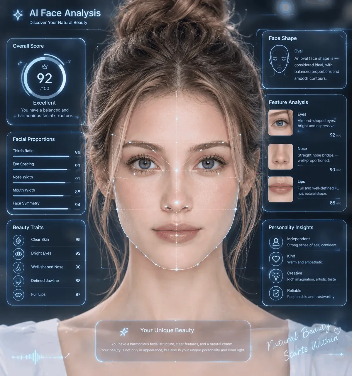 Personal face reading example: woman's front-facing portrait and romance insights